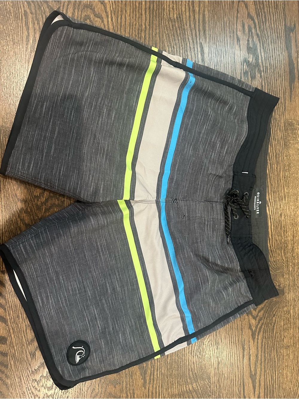 Quiksilver Men’s Gray Board Shorts with Blue and Lime Stripe